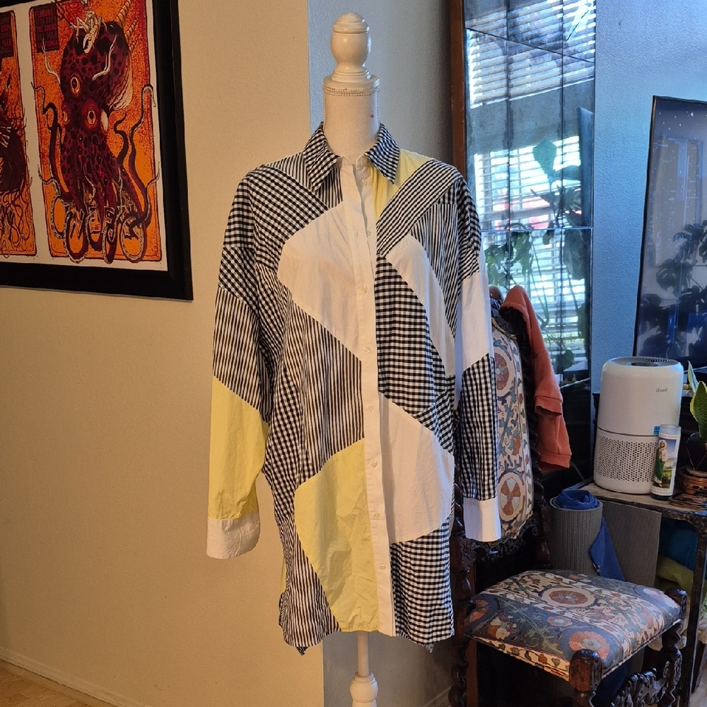MSGM Black and White Button Down Shirt with Yellow Accents